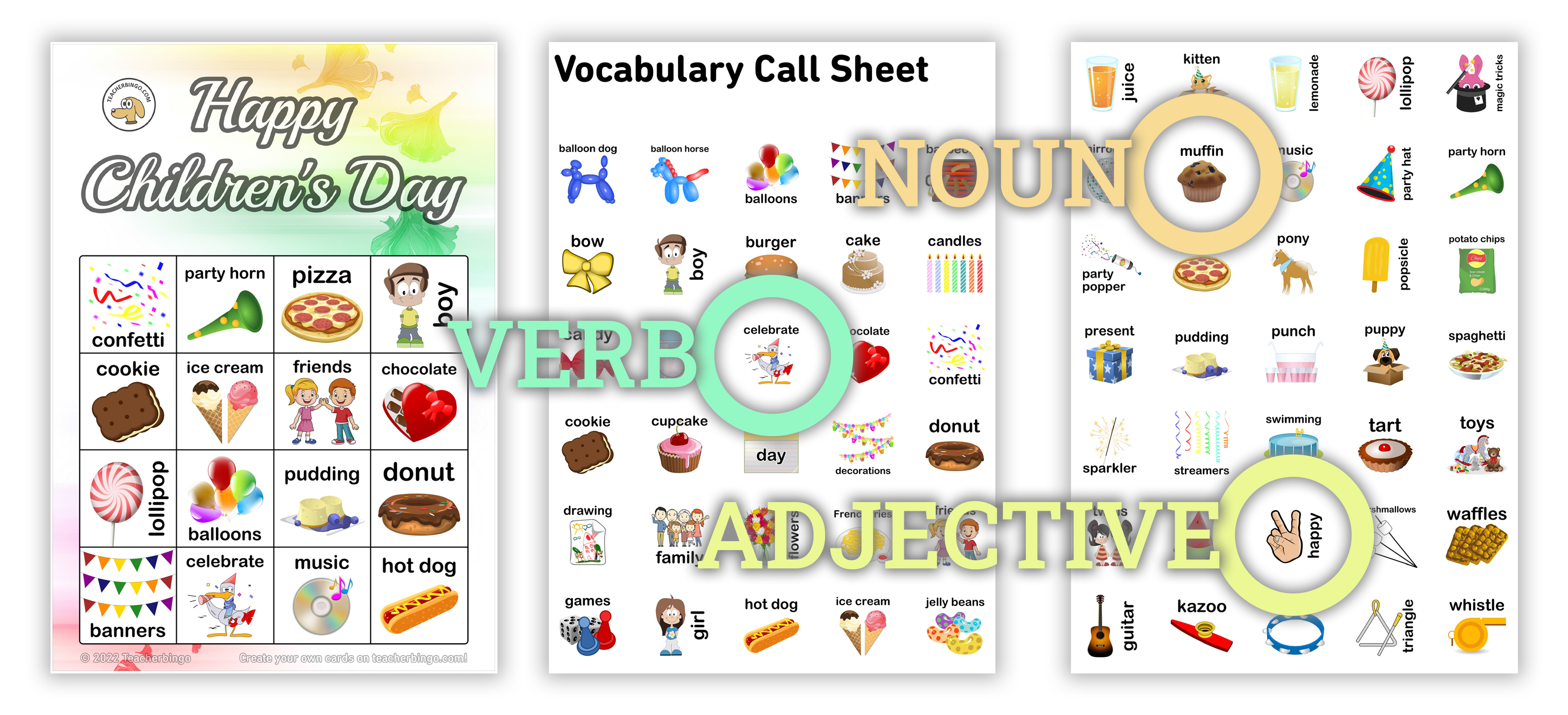 Verbs, adjectives and nouns on Bingo cards