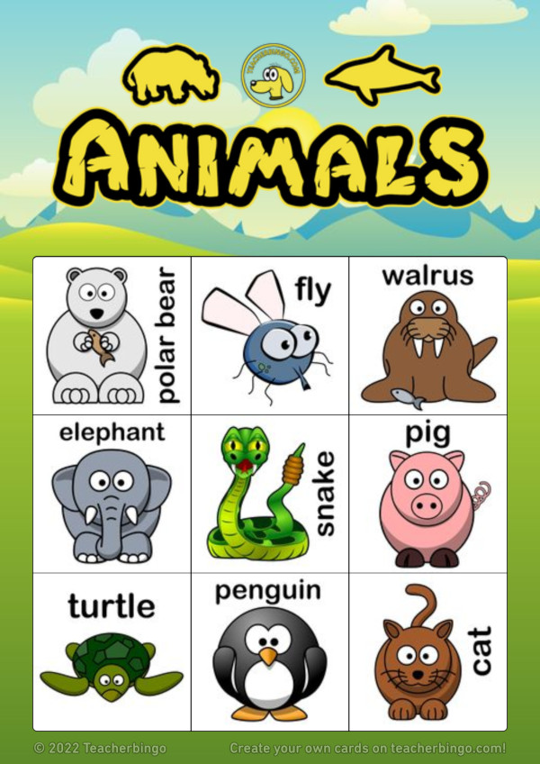 Bingo card with adorable animals