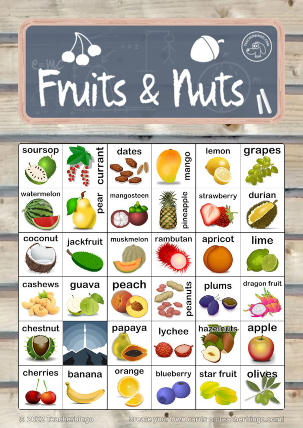 Bingo card with fruits & nuts