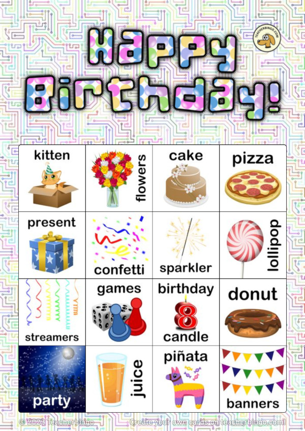 Bingo card with birthday party objects
