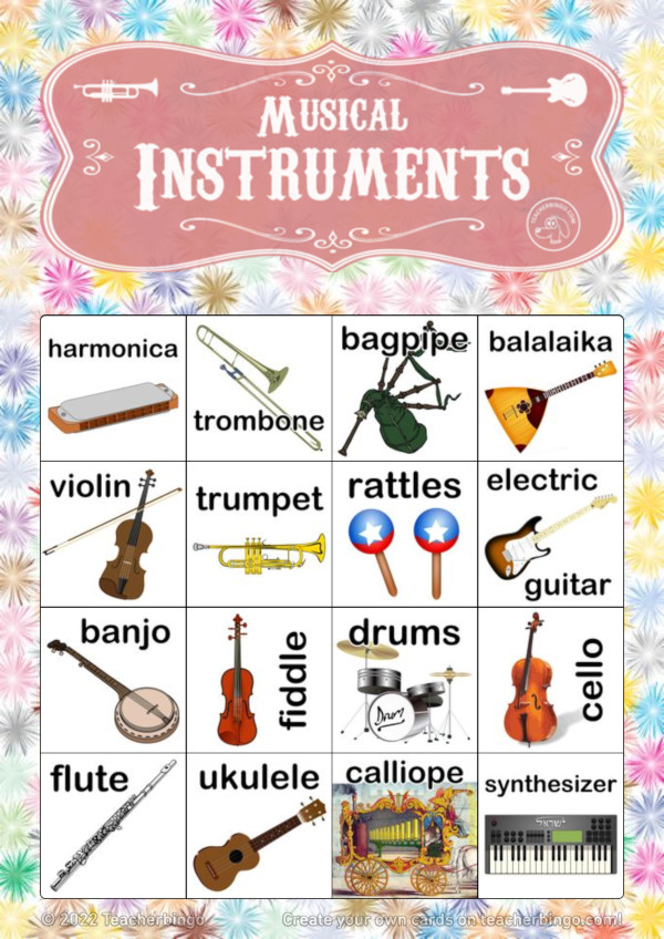 Bingo card with musical instruments